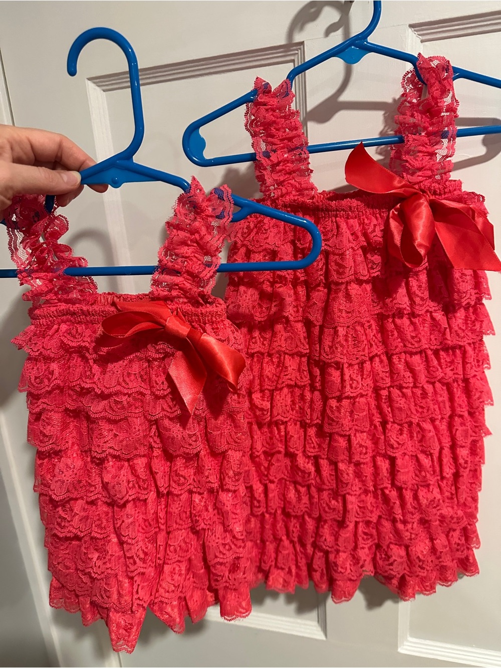 Set of 2! Ruffled Lace Tank Dress with Satin Bow - Bright Coral Pink